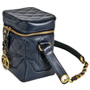 Chanel Bag Vanity Leather Blue Shoulder Caviar Chain Navy